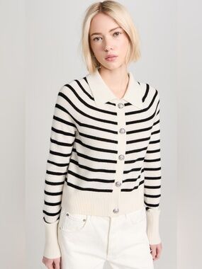 Veronica Beard Cheshire Black & Cream Striped Polo Cardigan Small